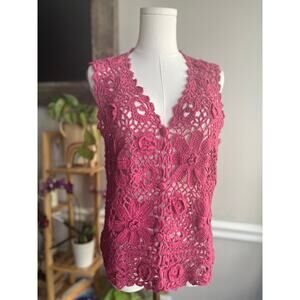 Vintage 90s Pink Crochet Floral Cotton Vest Size Medium